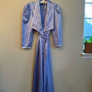 Natori Lavender Blue Satin Robe with Embroidered Collar
